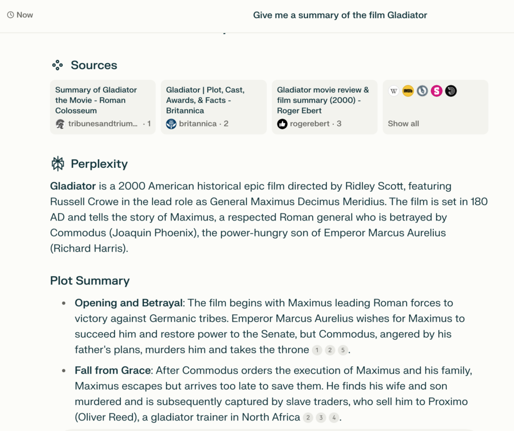 Part 1 of Perplexity.ai summary of the movie Gladiator. 